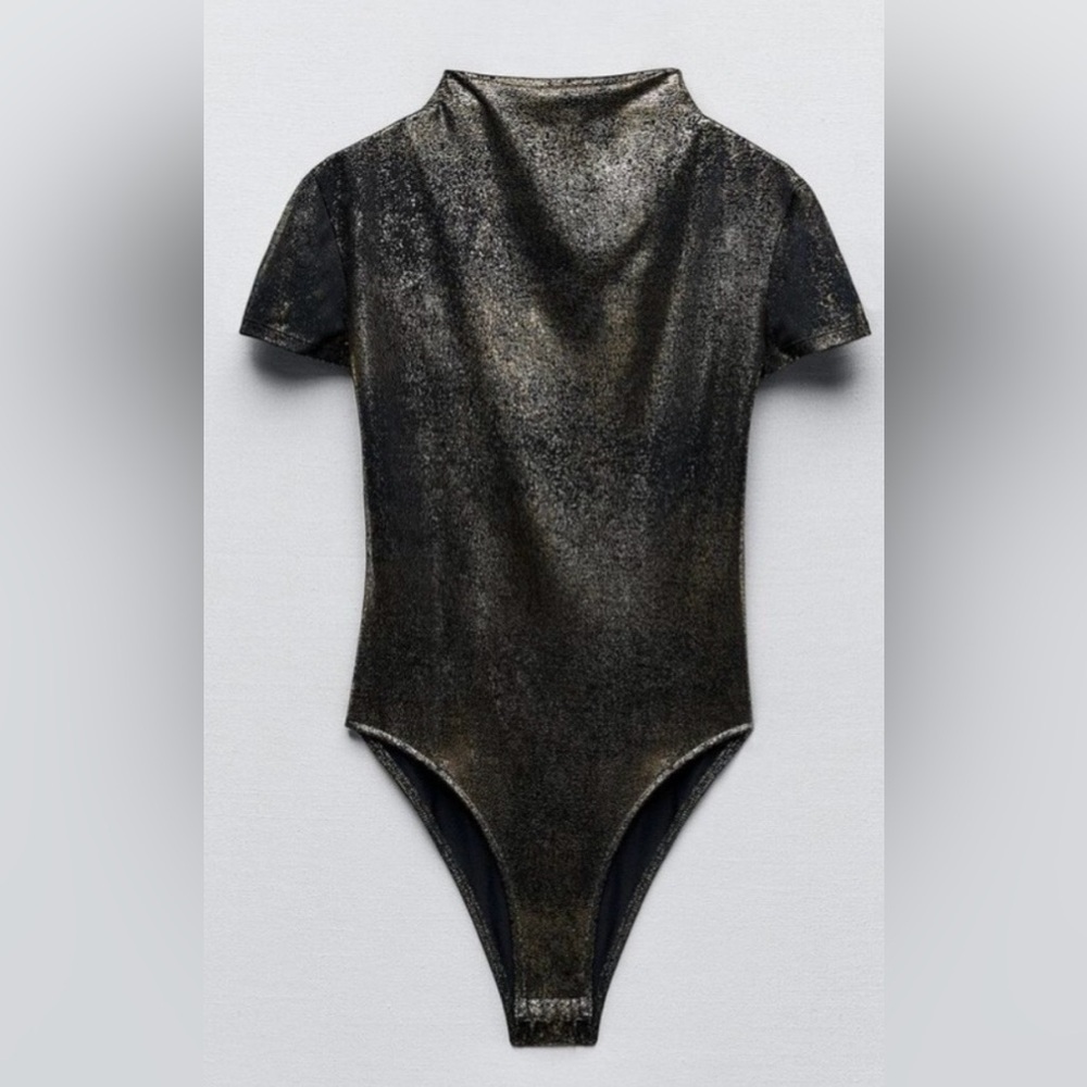 Zara Women's Metallic High Neck Bodysuit Short sleeve Gold - Picture 2 of 11